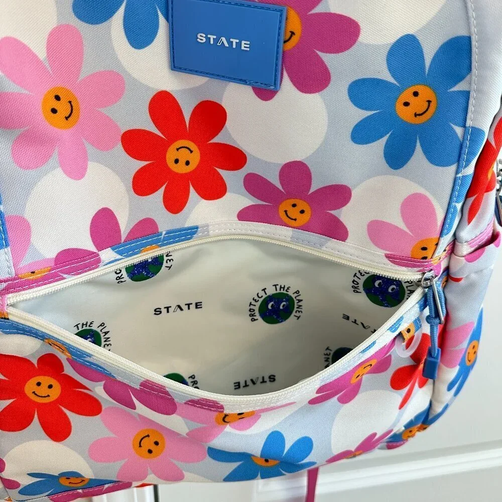 STATE Kids Backpack - White with Blue Pink Red Floral Smiley Print - Picture 4 of 10